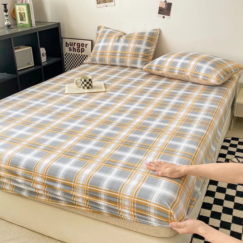 Rynx | Checkered Collection Fitted Sheet with Elastic Bands Non-Slip Adjustable Mattress Protector for Double-King-Queen Bed 90 150 180x200