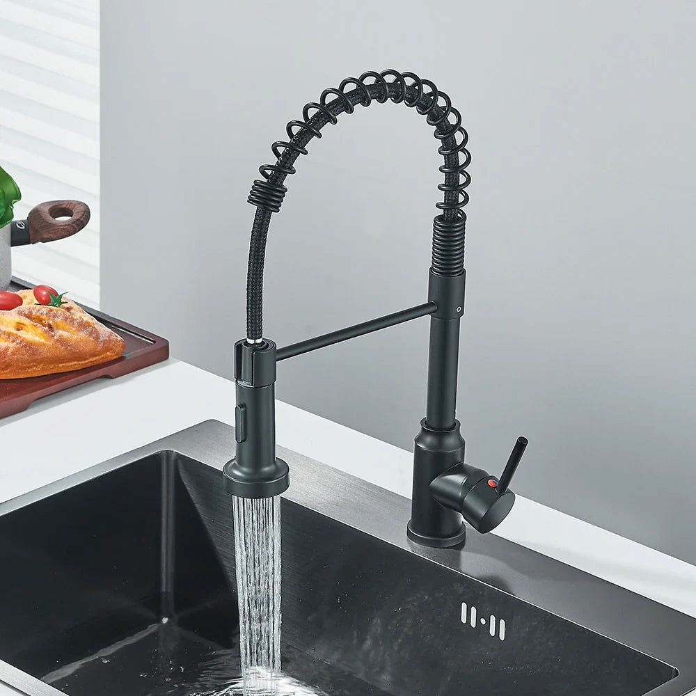 Rynx | Matte Black Kitchen Sink Faucet Single Lever Spring Hot and Cold Water Spout Mount Bathroom Chrome Kitchen Tap