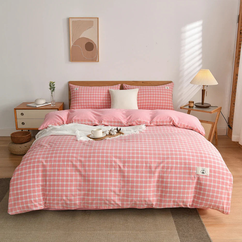 Rynx | 100% Cotton Duvet Cover Set with Pillowcase Japanese Style Grid Duvet Cover 220x240 Duvet Cover Set King Size