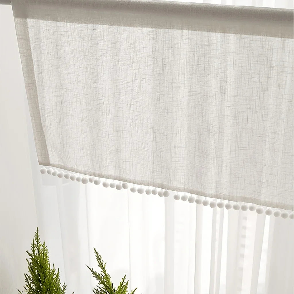 Rynx | 1 piece artificial linen cross pattern lace cotton ball short curtain half curtain small curtain Japanese and Korean style decorative curtain for kitchen furniture restaurant window curtain