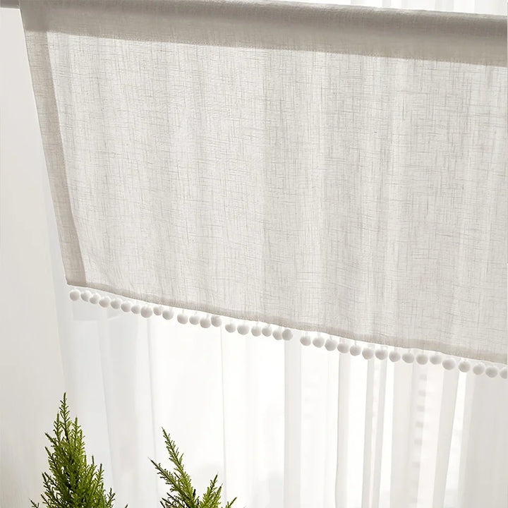 Rynx | 1 piece artificial linen cross pattern lace cotton ball short curtain half curtain small curtain Japanese and Korean style decorative curtain for kitchen furniture restaurant window curtain