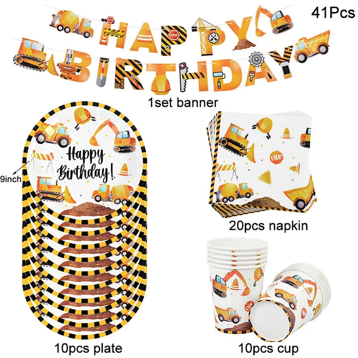 Rynx Construction Party Disposable Tableware Kids Boys Engineering Vehicle Theme Birthday Party Decorations Truck Balloon Supplies
