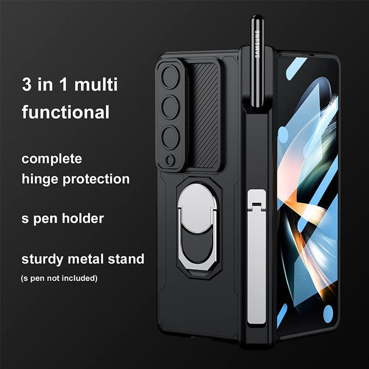 Lisslune | Luxury Case with S Pen Holder and Hinge Screen Protection Ring Stand Case for Samsung Galaxy Z Fold 5 Z Fold 4
