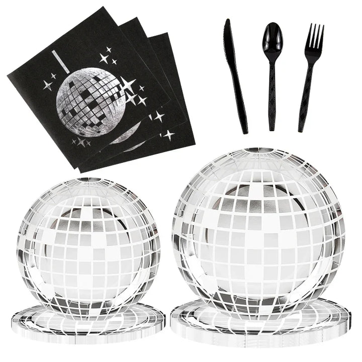 Rynx Disco Theme Party Disposable Tableware Set Silver Disco Ball Plates Napkins Cups 70s Birthday Party Decoration Wedding Supplies