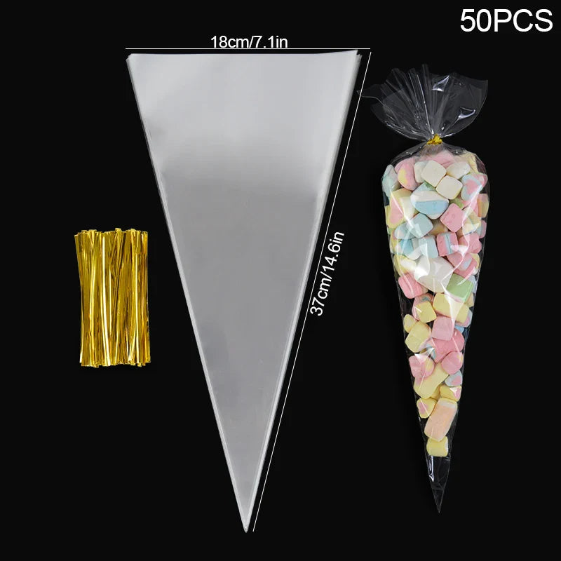 Rynx 50 pcs Transparent Candy Popcorn Packaging Bags Plastic Cellophane Cookie Gift Bags Wedding Birthday Parties Christmas Supplies