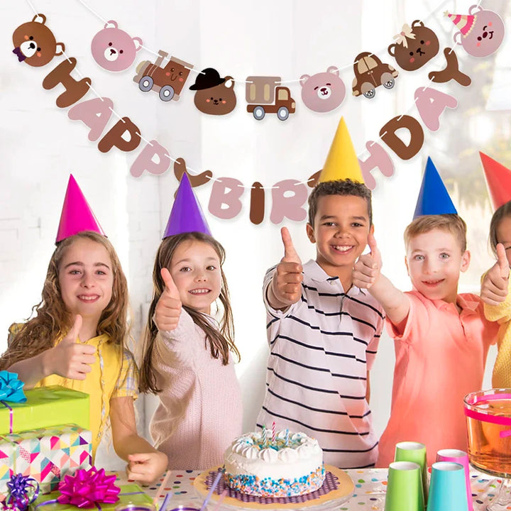 Rynx Brown Teddy Bear Birthday Letter Banner Garland For Kids Boy Girl Birthday Party Decoration Accessories Hanging Flags