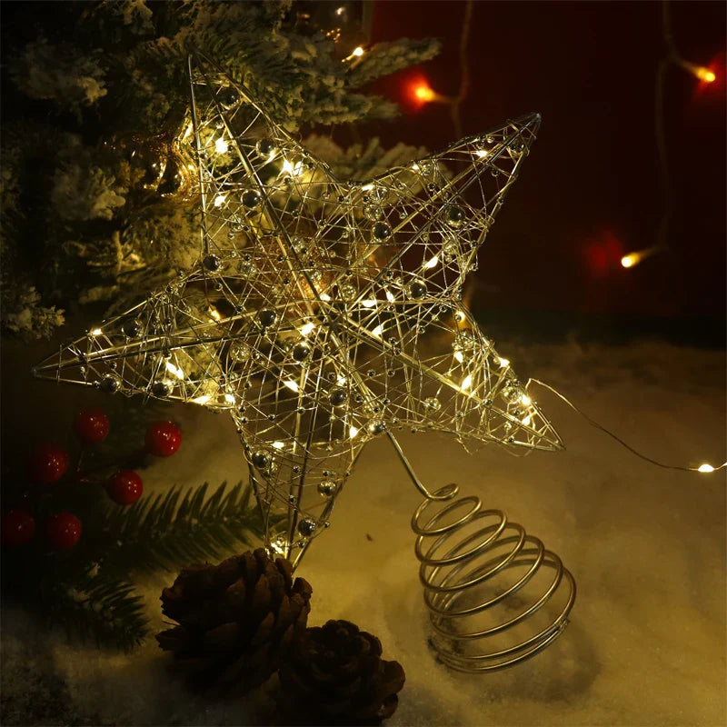 Rynx LED Light Christmas Tree Star with Beaded Wire Gold Iron Christmas Tree Ornament 2025 New Year Living Room Table Decoration Accessories