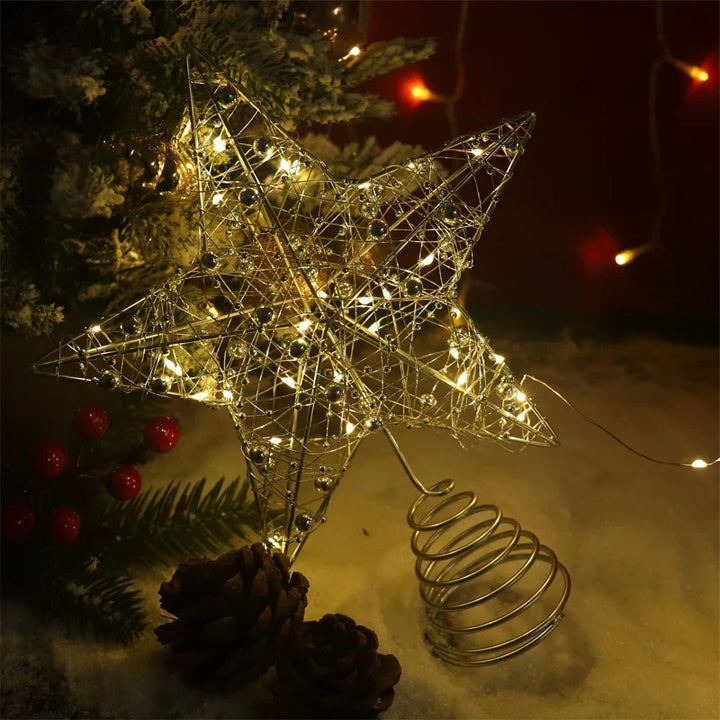 Rynx LED Light Christmas Tree Star with Beaded Wire Gold Iron Christmas Tree Ornament 2025 New Year Living Room Table Decoration Accessories