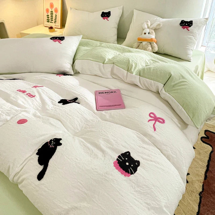 Rynx | Korean Style Pink Bedding Set Black Cat Embroidery Washed Cotton Duvet Cover Cute Cartoon Bedding Comforter Sets