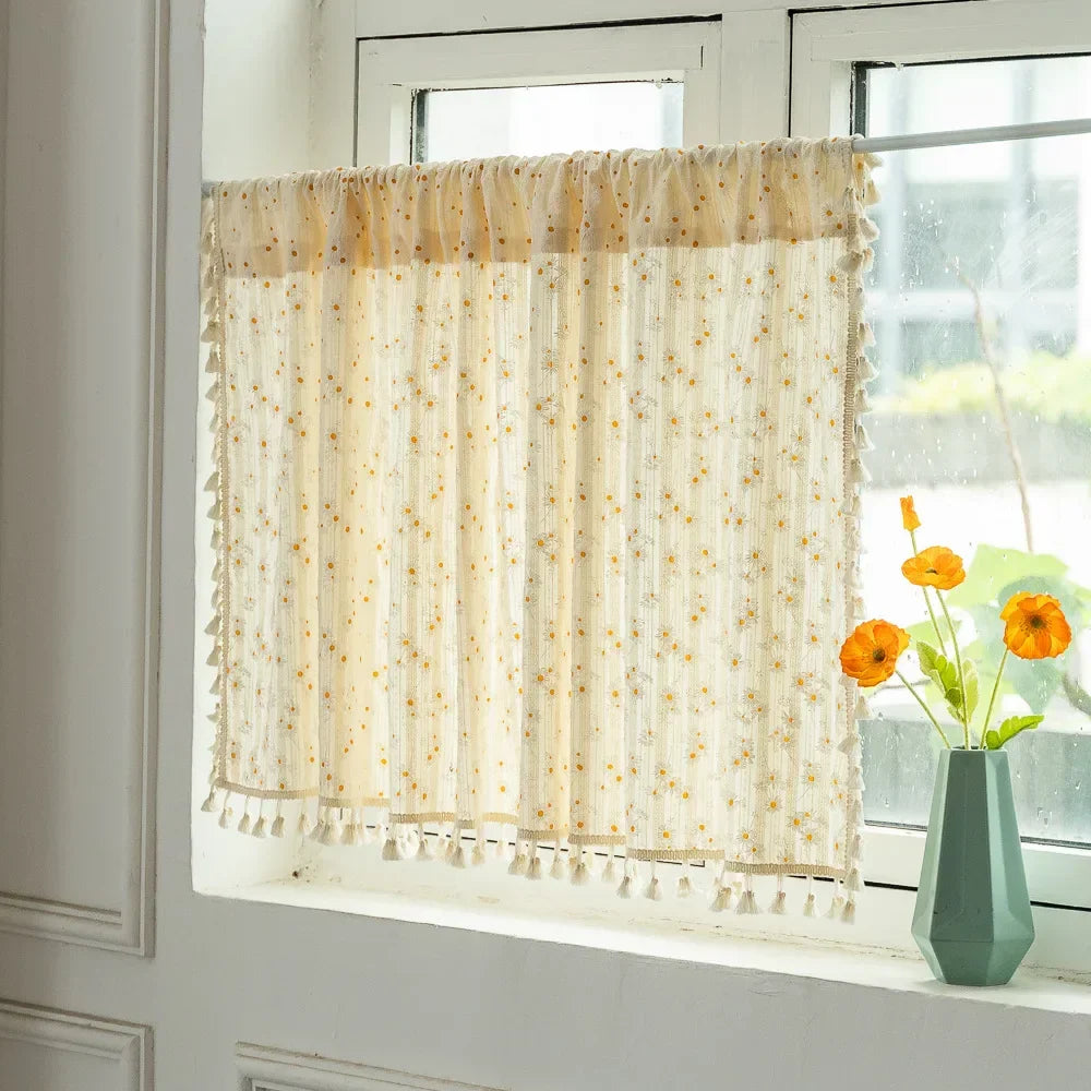 Rynx | Korean Cotton Daisy Curtains Road Pocket Shade Curtain Floral Tassels for Kitchen Bedroom Living Room Windowsill Wardrobe Curtain