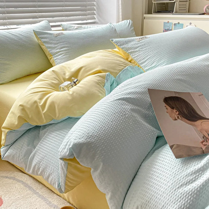 Rynx | Internet Celebrity Waffle Four-piece Set Washed Smooth Bedding Duvet Cover Fitted Sheet Bedding Contrast Color Dormitory Three Pi