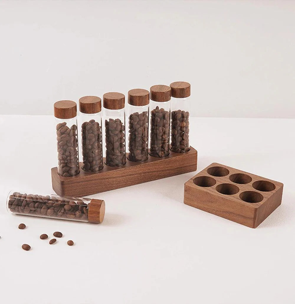 Lisslune | Stylish Walnut Base Coffee Bean Display Organizer with Elegant Glass Tubes