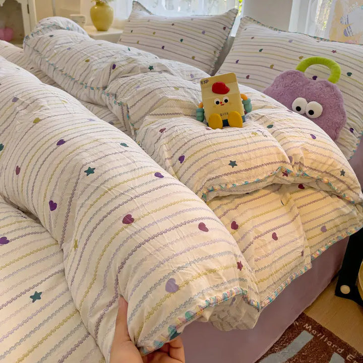 Rynx | In the Bedding Set Purple Love Stripes Double Layer Yarn Four-Piece Dorm Girl Heart Bed Sheet and Quilt Set Washed Cotton