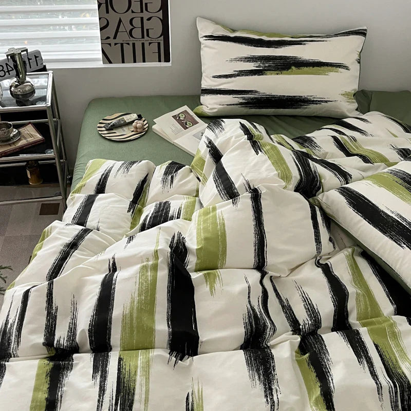 Rynx | Ins Stripe Bedding Set Green Black Duvet Cover with Pillowcase Simple Quilt Cover Adults Single Double Full Size