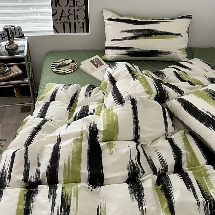Rynx | Ins Stripe Bedding Set Green Black Duvet Cover with Pillowcase Simple Quilt Cover Adults Single Double Full Size