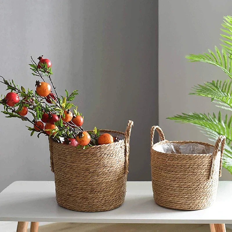 Lisslune | Nordic Extra Large Straw Flower Pot Seaweed Storage Basket Potted Green Plant Flower Basket Hand Woven Floor Indoor Flower Pot