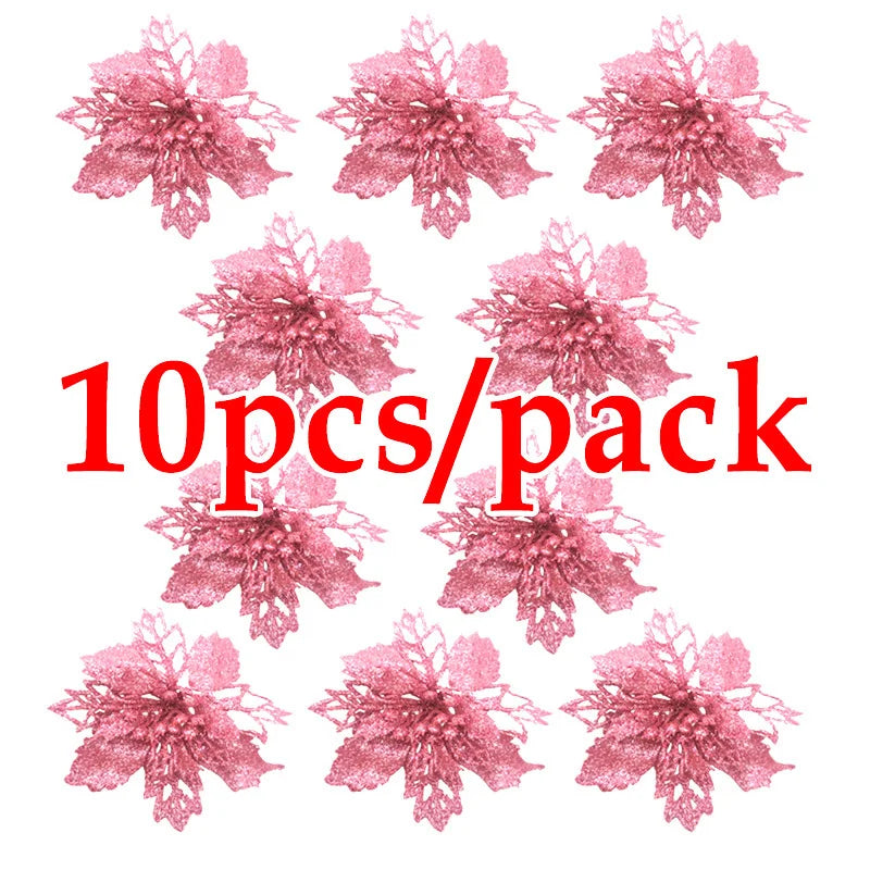 Rynx | (10 pieces) Artificial Christmas Tree Flowers Glitter Decorations Xmas Ornament New Year Gift