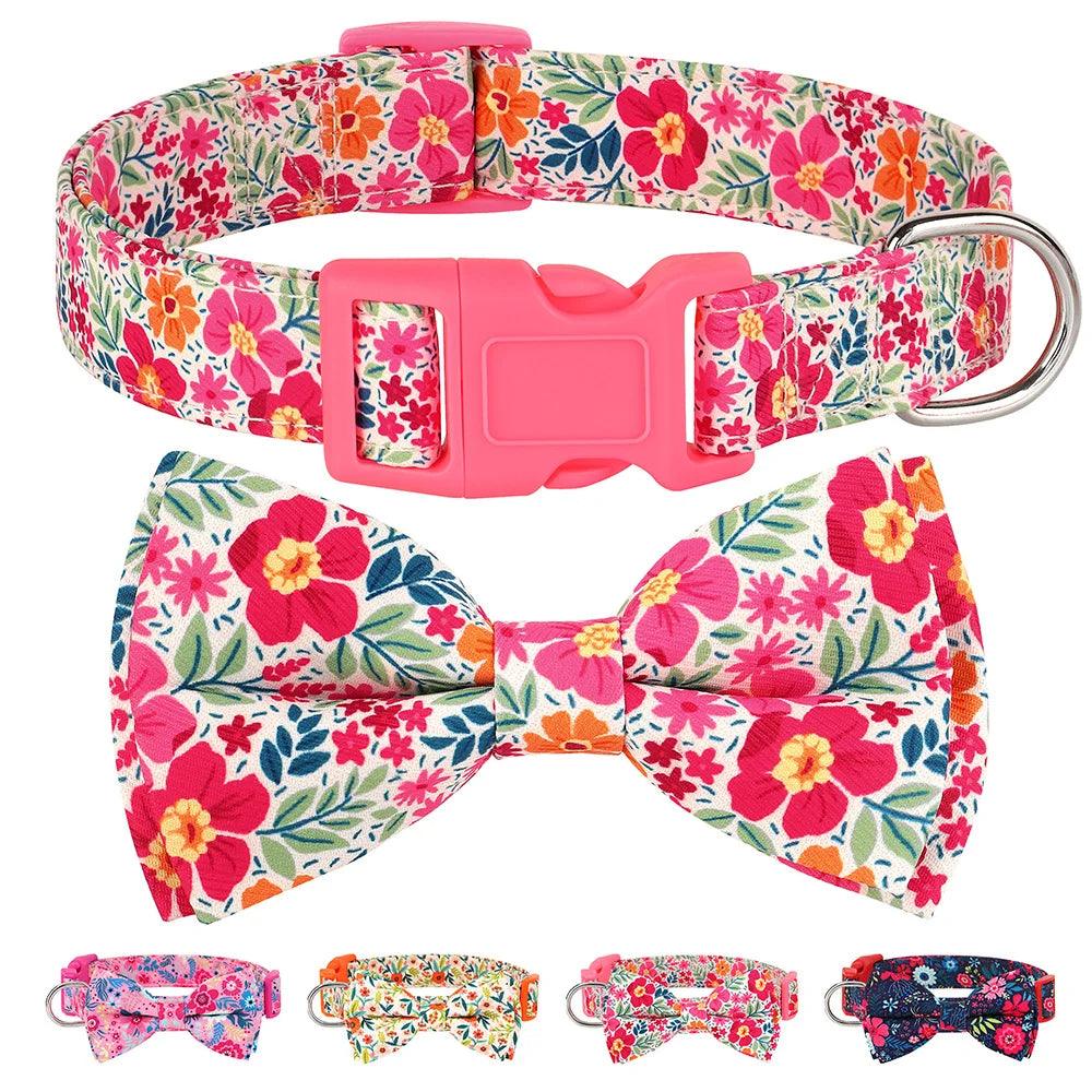 Lisslune | Floral Dress Adjustable Dog Collar with Bow Tie - Padded Nylon for All Breeds