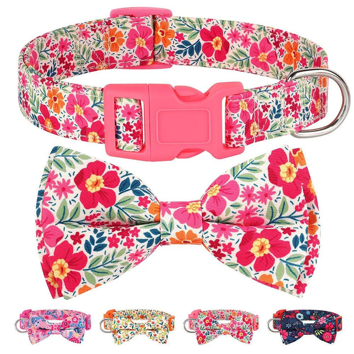 Lisslune | Floral Dress Adjustable Dog Collar with Bow Tie - Padded Nylon for All Breeds