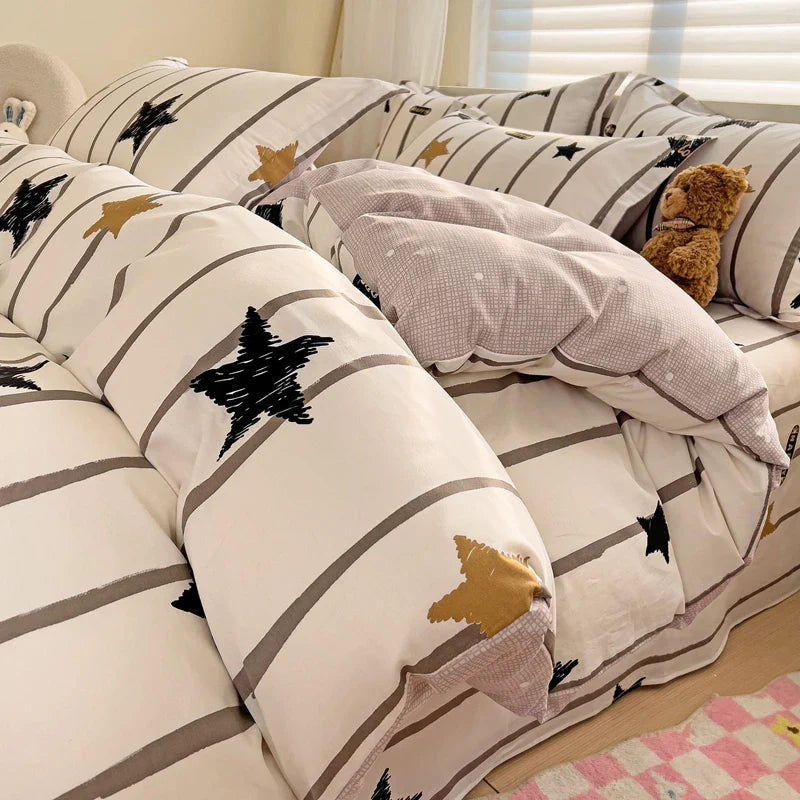 Rynx | Black Striped Duvet Cover Stars Printed Soft Pure Cotton Bedding for All Seasons Elegant Classic Stripe Pattern Duvet Covers