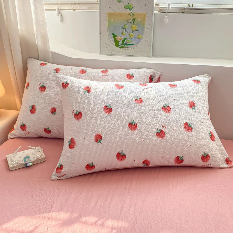 Rynx | In Pink Strawberry Sweet Bedding Set Cartoon Fruit Duvet Cover Soft Queen Full Size Flat Sheet Girls Comforter Pillowcase