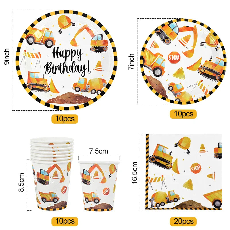Rynx Construction Party Disposable Tableware Kids Boys Engineering Vehicle Theme Birthday Party Decorations Truck Balloon Supplies