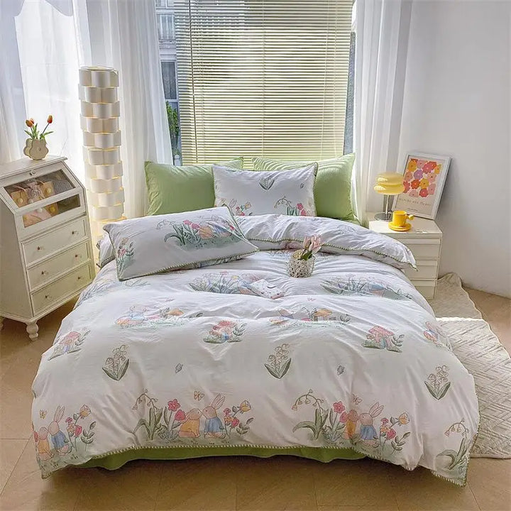 Lisslune | Ins Washed Double-Layer Garn Shell Stickerei Vier-Teiliges Bett Spannbettlaken