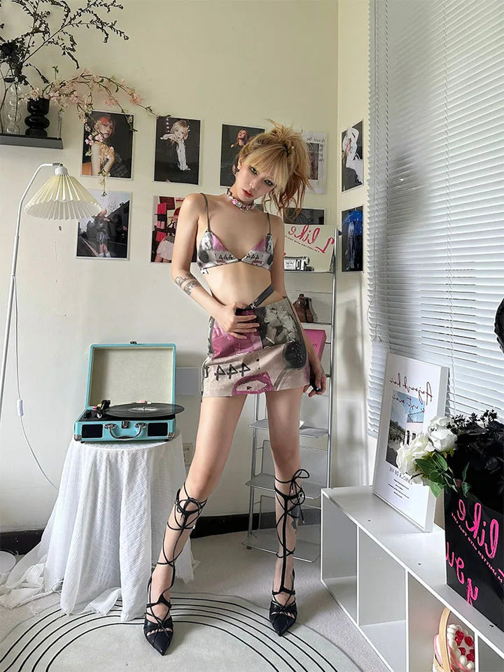 Rynx | Woman Aesthetics Bra Gyaru Outfits Ins Bustier Sexy 2-piece Skirt Sweet Set Mini Y2k Skirt A-line Elegant Set Lacing Knitted Print