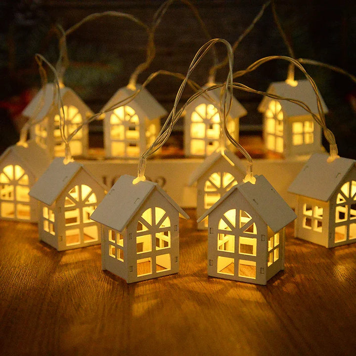 Rynx 2M 10LED Christmas Wooden House LED String Lights 2025 New Year Home Hanging Garland Xmas Tree Ornaments Decorative Lamp