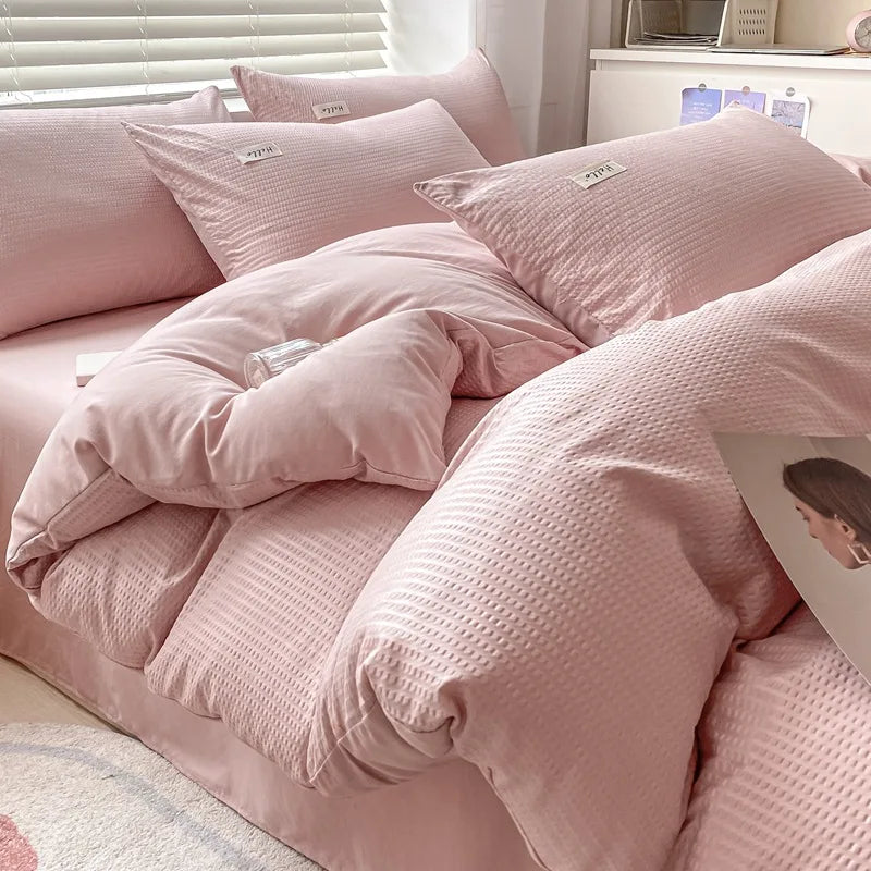 Rynx | Internet Celebrity Waffle Four-piece Set Washed Smooth Bedding Duvet Cover Fitted Sheet Bedding Contrast Color Dormitory Three Pi
