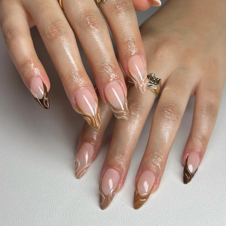 Rynx | 3D Water Wave Brown French Almond Shape Artificial Nails Fashion Easy Removable Finished Stick-On Fingernails with Glue