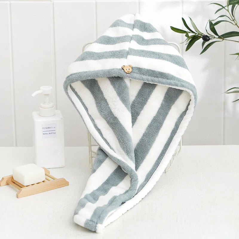 Rynx Microfiber Hair Towel Wrap Thickened Coral Velvet Cationic Dry Hair Cap Water Absorption and Quick Drying Striped Shower Cap