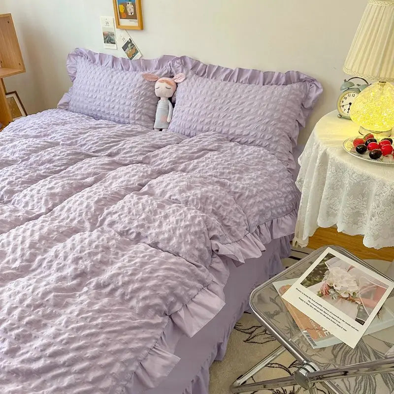 Rynx | Euro Solid Ruffled Carpet Bedding Sets Girls Pair Fluffy Queen Duvet Cover With Canopy Pillowcase Bedroom Comfort 4 Pieces Set