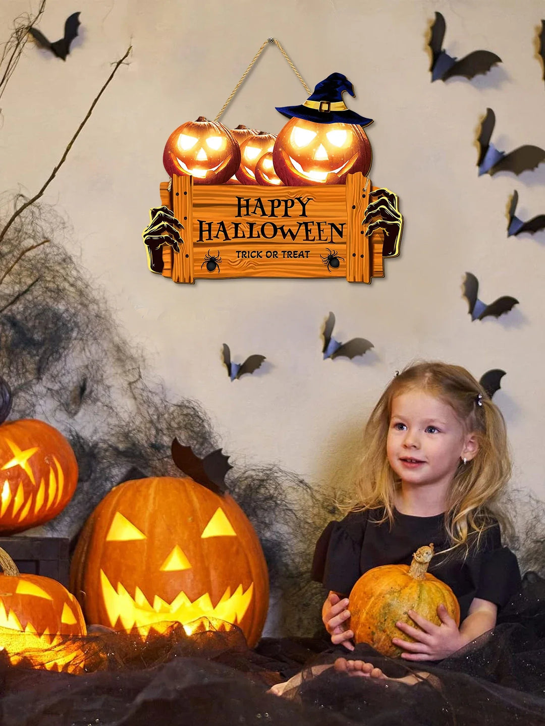 Rynx | Happy Halloween Wooden Sign, Pumpkin with Hat Wooden Sign, Suitable for Home, Wall, Room, Café, Store, Party, Holiday Decoration