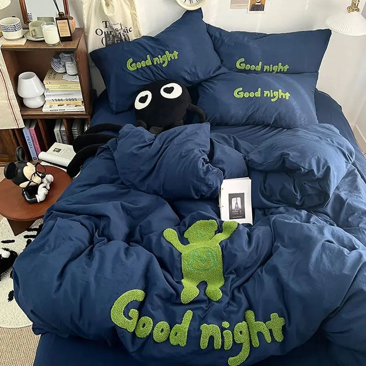 Rynx | Ins Cartoon Bedding Set Teddy Bear Washed Cotton Towel Embroidered Solid Color Bed Sheets Dorm Student Duvet Cover Set
