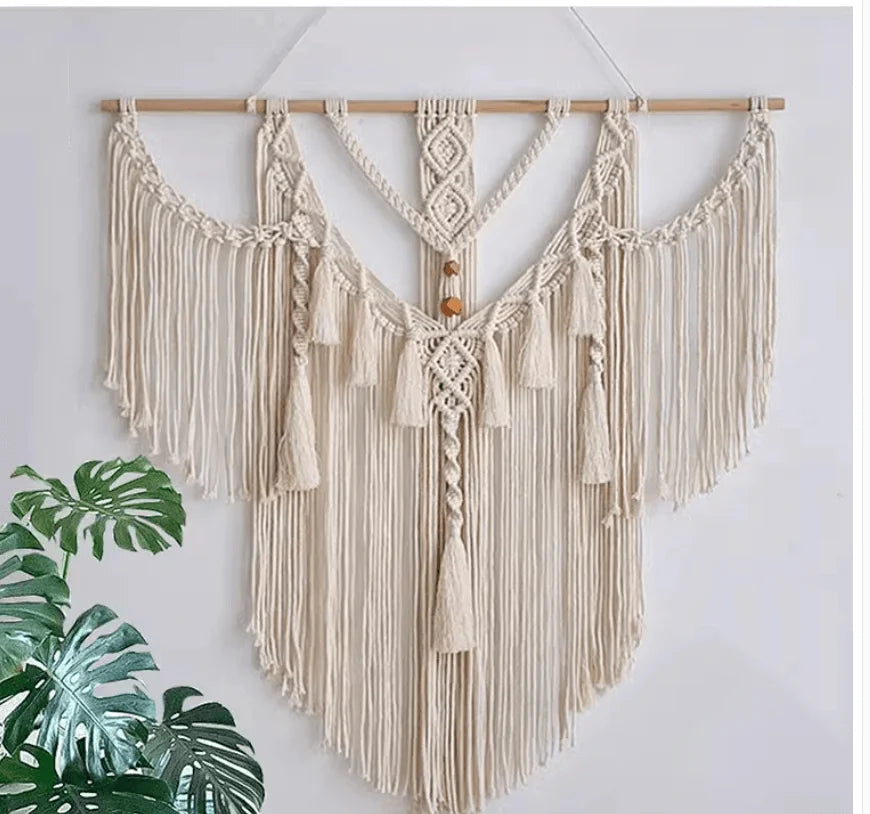 Rynx | Handmade Macrema Wallpaper Wall Tapestry Bohemia Tassel Curtain Wallpaper with Wooden Rod Art Decoration