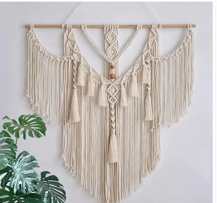 Rynx | Handmade Macrema Wallpaper Wall Tapestry Bohemia Tassel Curtain Wallpaper with Wooden Rod Art Decoration