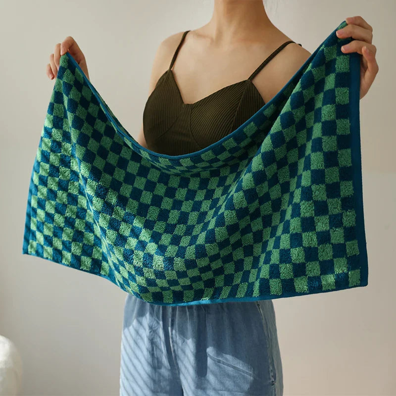 Rynx | Retro Chessboard Plaid Towels combed cotton yarn Jacquard face towel absorbent soft bath towel for home & hotel supplies
