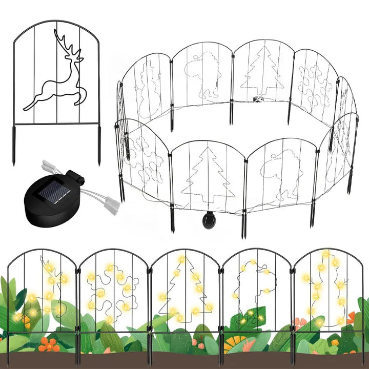 Rynx | 10-Panel Solar Illuminated Garden Fence with Christmas Pattern & String Lights, Stainless Steel Edge for Terrace, Garden and H