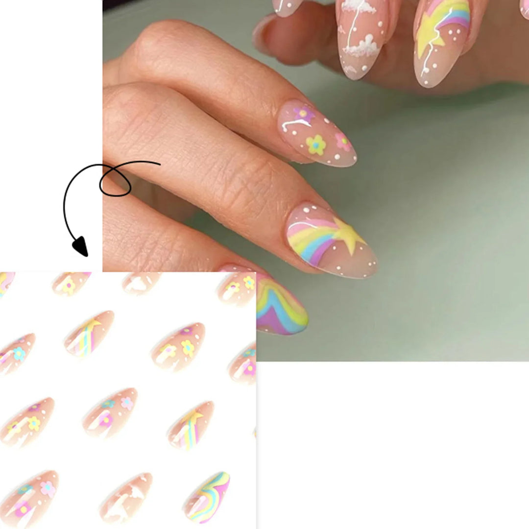 Rynx | 24 pcs. Cute Colorful Artificial Nail Tips for Girls Rainbow Cloud Star Printed Almond Artificial Nails Full Cover Reusable Adhesive Artificial Nails