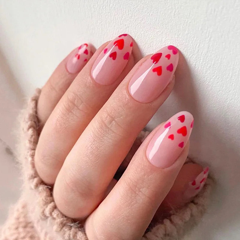 Rynx | Red Love Heart French Sweet Nail Art Nude Pink Artificial Nails Removable Finished Fingernails Valentine's Day Gift Press-on Nails With Glue