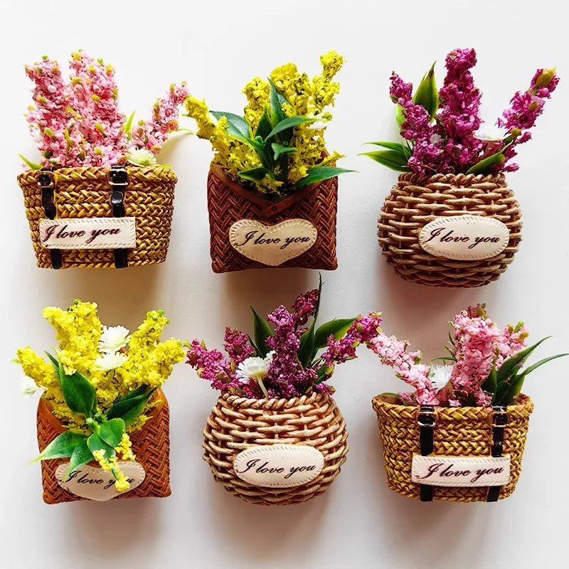 Rynx | Buy 5, get 1 flower basket refrigerator magnets immortal flowers decorated basket for refrigerator magnetic stickers fabrics flowers home