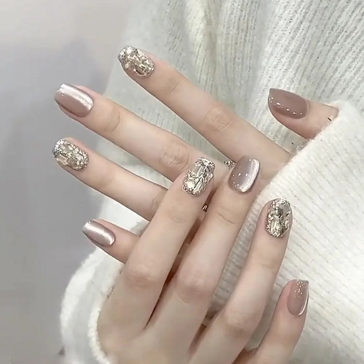 Rynx | Nude Pink Cat Eye Red French Nail Art Portable Fashion False Nails Removable Ready False Nails Press on Nails with Glue