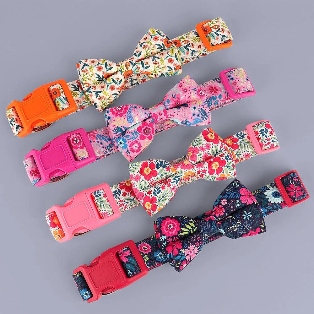 Lisslune | Floral Dress Adjustable Dog Collar with Bow Tie - Padded Nylon for All Breeds