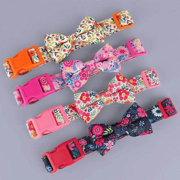 Lisslune | Floral Dress Adjustable Dog Collar with Bow Tie - Padded Nylon for All Breeds