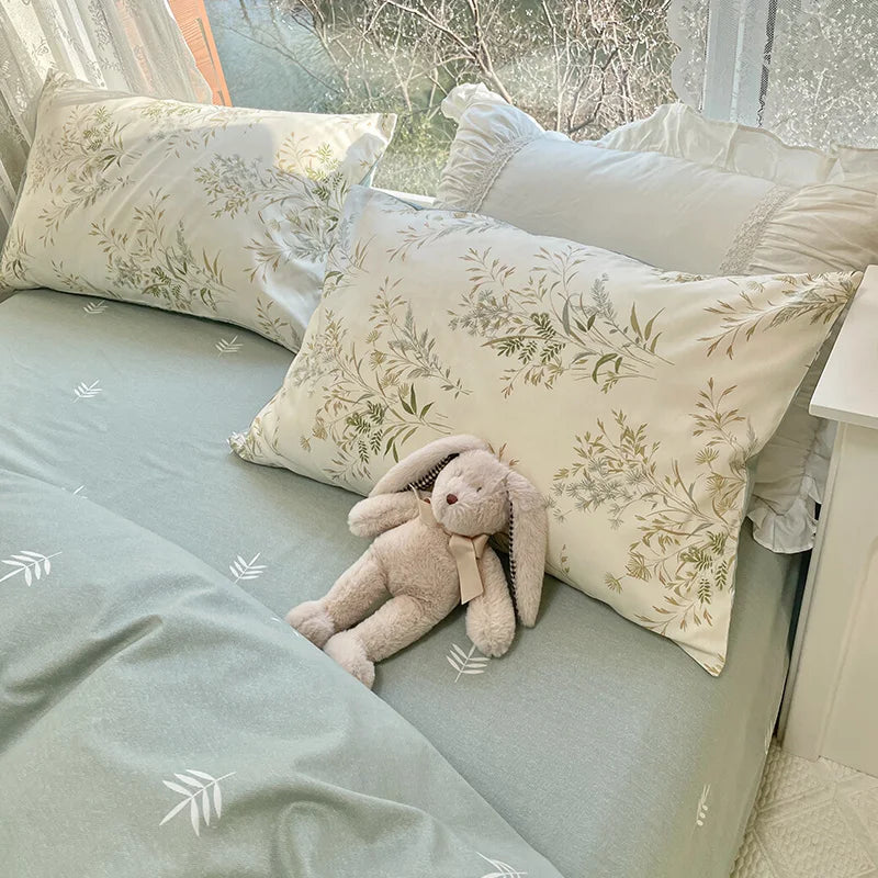 Rynx | Simple Leaf Floral Printed Duvet Cover Set with Leaf Pillowcases Without Filling Soft Bedding Full Queen Size Women Home Bedding