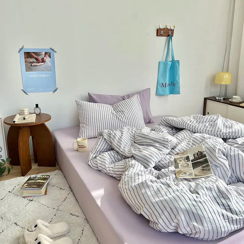 Rynx | Ins Style Bedding Set Duvet Cover Wash Cotton Stripes Summer Soft Cool Summer Bed Sheet Set Blanket Set Comforter Cover