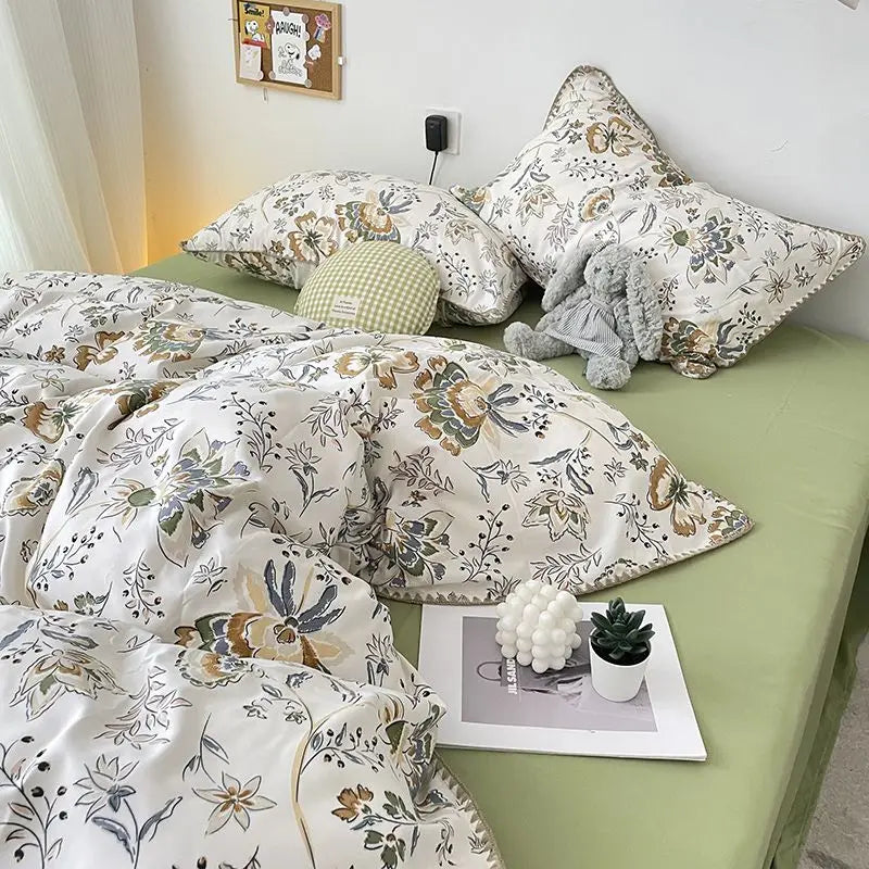 Rynx | Bedding set INS Girls Cherry Soft washed cotton bed sheet Queen King size duvet set Comforter set pillowcase bedding