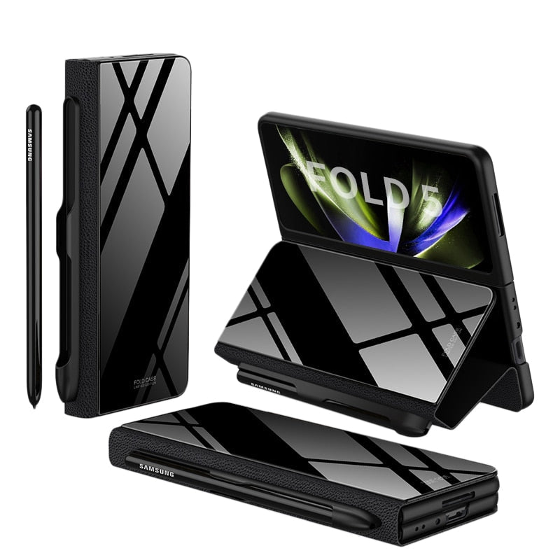 Lisslune | Shockproof Armor Case Glass Cover Stand Insert Card Leather Case for Samsung Galaxy Z Fold 5/4