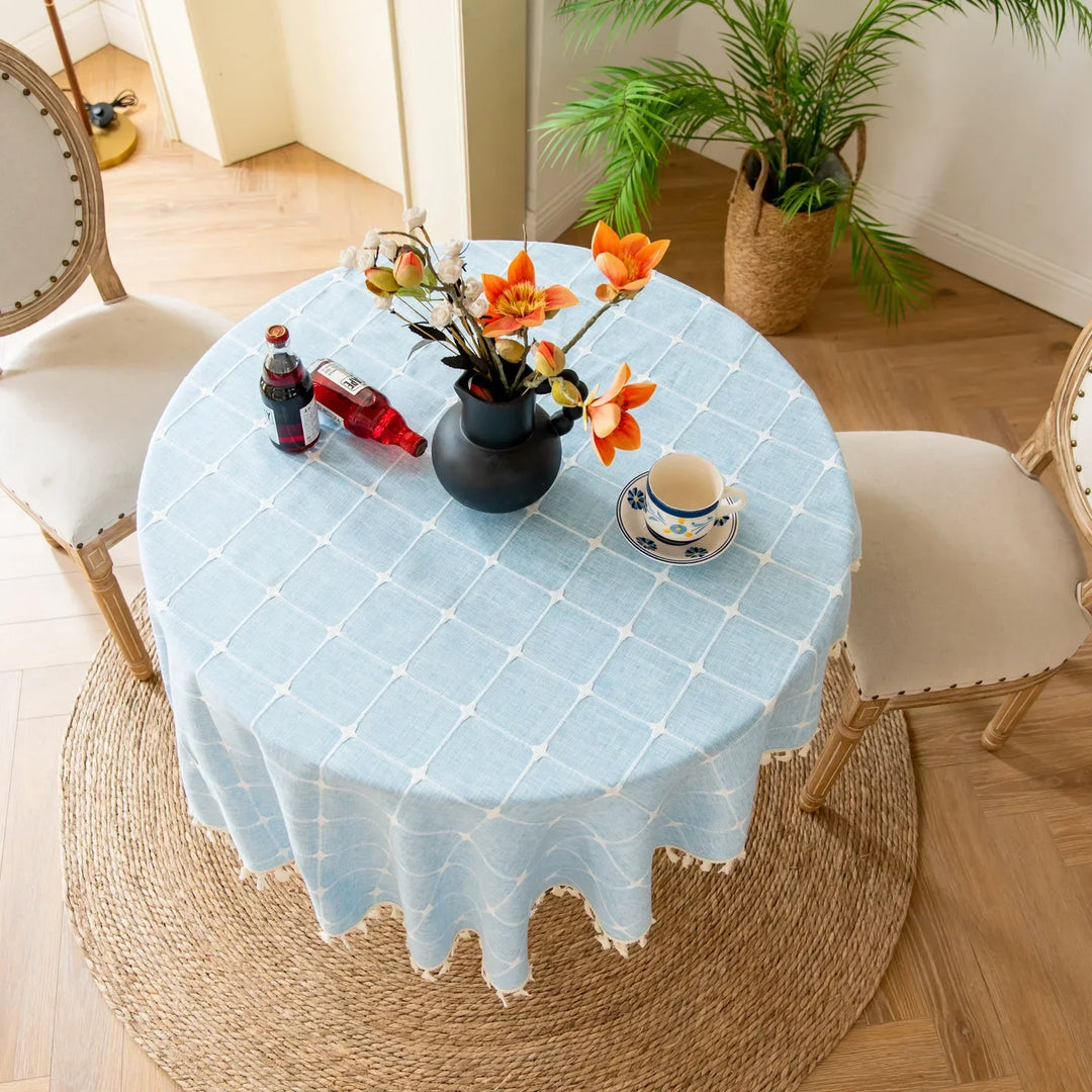 Rynx Cotton Linen Three-Dimensional Jacquard Checked Round Tablecloth, Tassel Dustproof Tablecloth, For Dinner Party Wedding Decor
